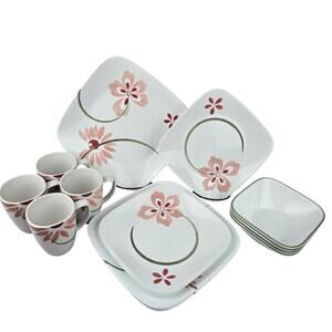 Corelle Pretty Pink Square 16 Pc Dinnerware Set ~ Vitrelle ~ Pink Floral